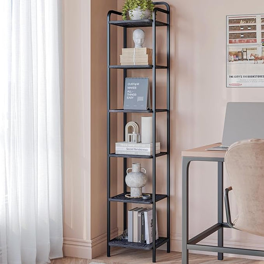 Bookcase Bookshelf, Narrow Book Shelf, Industrial Corner Shelf Storage Organizer, Slim Shelving Unit for Home Office, Living Room, Bedroom, Kitchen, 6-Tier Black BC24604B