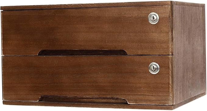 Wooden Desktop Organizer, 2 Drawers Tabletop Storage Box with Lock,Office Supplies A4 File Organizer,Walnut