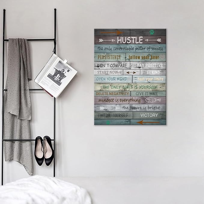Motivational Poster Wall Art Hustle Motivational Quotes Print on Canvas Picture Painting Positive Wall Decor Artwork for Modern Home Bedroom Office Classroom Gym Stretched the Framed [18''Wx24''H]