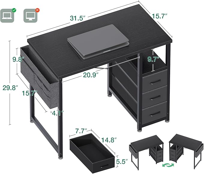 AODK 32-Inch Small Computer Desk with Fabric Drawers, Kids Girls Teen Study Writing Desk for Bedroom, Home Office Desk for Small Space, Black