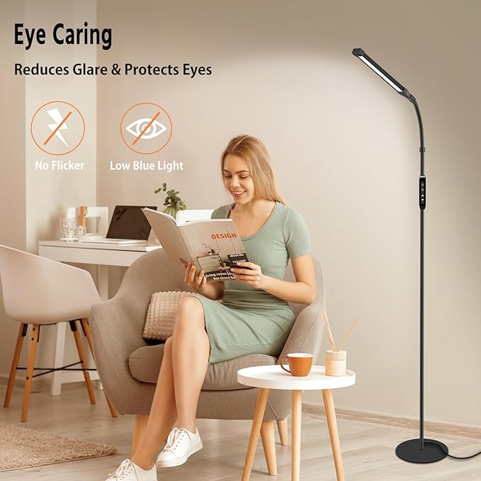 15W LED Floor Lamp with Stepless Adjustable 3000K-6000K Colors and Dimmer, LEDs Lash Lamp Tattoo Light Makeup Light, 360° Gooseneck Standing Light for Living Room, Bedroom, Office (Remote & Touch)