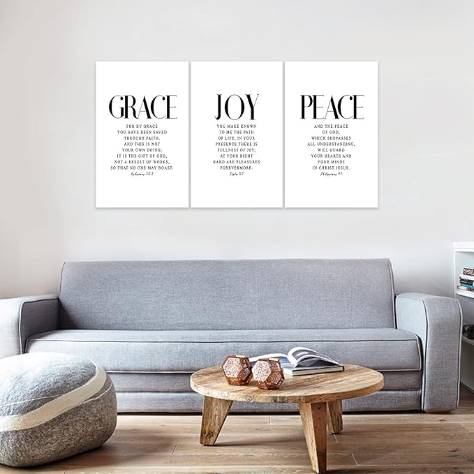 3 Piece Inspirational Wall Art White Motivational Mindset Picture, Quote "Grace Joy Peace" Canvas Print for Christian Gifts, Triptych Entrepreneur Poster Framed Artwork for Home Wall Decor(72"Wx36" H)