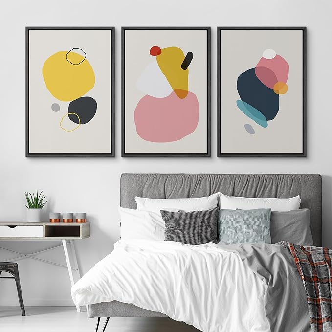 SIGNFORD Framed Wall Art Print Set Yellow, Pink, Black & Blue Transparent Blots Abstract Shapes Digital Art Modern Art Contemporary Colorful for Living Room, Bedroom, Office - 16"x24"x3 Black