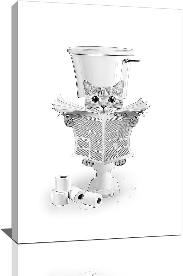 Cat Bathroom Wall Art Black and White Cat Pictures Wall Decor Funny Animal Cat Canvas Painting Print Modern Home Decoration Artwork Framed 16"x24"