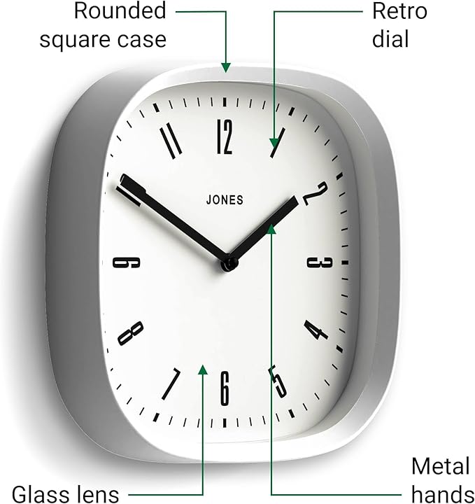 JONES CLOCKS® Marvel Wall Clock | Modern Retro Rounded Square Clock | 10 inch | White | Cool Designer Look for Kitchen, Living Room or Office