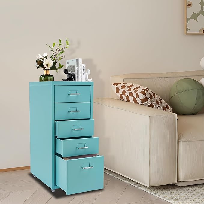 Metal File Storage Cabinet,Side Storage Organizer,Freestanding Storage Unit,Metal Garage Storage Drawer,Storage Cabinet with 5 Drawers and Wheels for Office,Home,School，Blue,11 * 16.1 * 27.1in