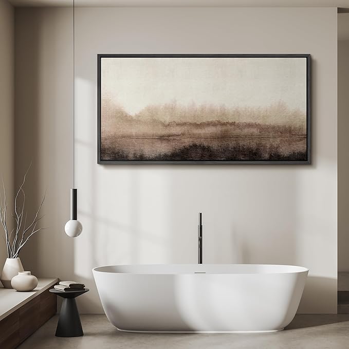 SIGNFORD Extra Large Framed Canvas Misty Woodland Neutral Landscape Illustrations Modern Art Calm Warm for Living Room, Bedroom, Office - 60"x30"