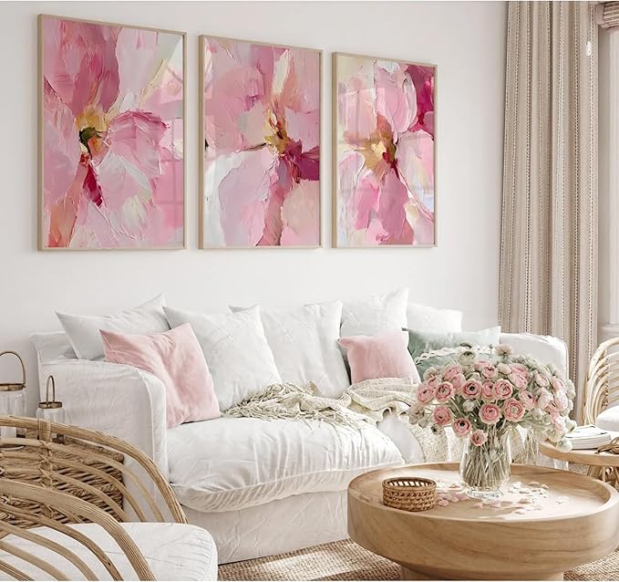 Abstract Floral Wall Art Pink Flower Canvas Pictures Modern Wall Decor Blush Pastel Pink Prints Peony Painting Minimalist Poster Botanical Artwork for Bedroom Living Room 16x24 Inch Unframed set of 3