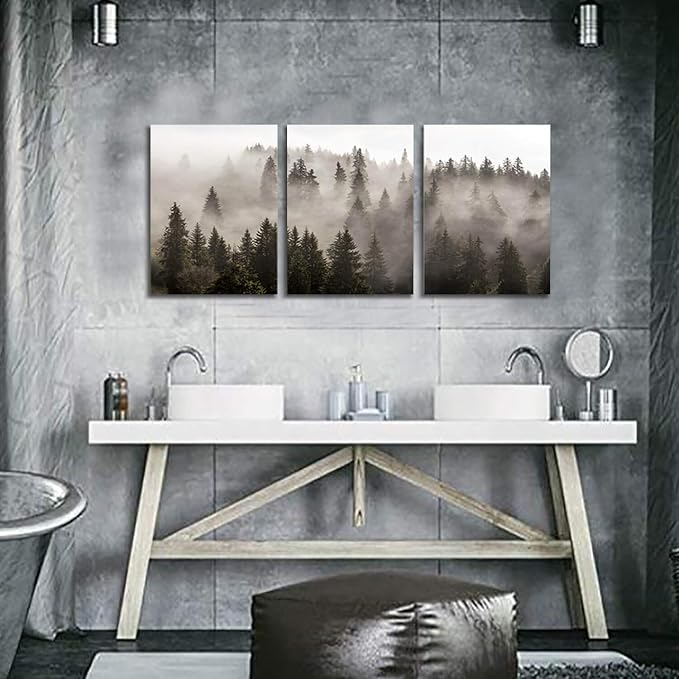 Foggy Forest Picture Wall Art: Landscape Painting Misty Pine Trees Artwork Print on Canvas for Kids Rooms(16"x12"x3pcs)