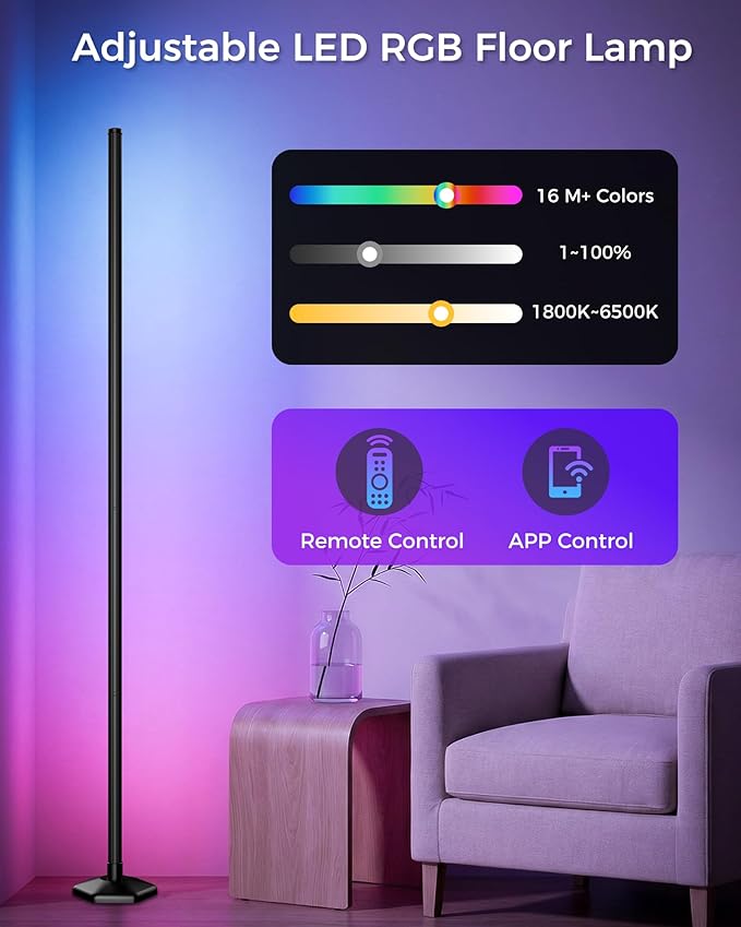 2 Pack Corner LED RGB Floor Lamp, Smart Dimmable Corner Light with Music Sync, Color Changing Ambient Lighting with App and Remote Control, for Bedroom, Living Room Gaming Room
