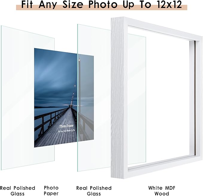 MUYE 12x12 Floating Frame Set of 2,Double Real Glass Square Photo Frame,Display Any Size Photo up to 12x12,Wall Mount or Tabletop Standing,White