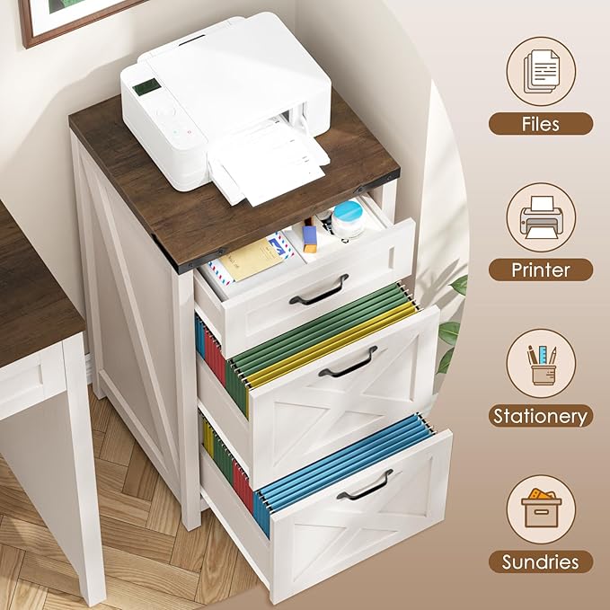 3 Drawer Small File Cabinet, Farmhouse Vertical Filing Cabinet Fits Letter/A4 Size, Wooden File Cabinets Printer Stand for Home Office, Living Room, Rustic White