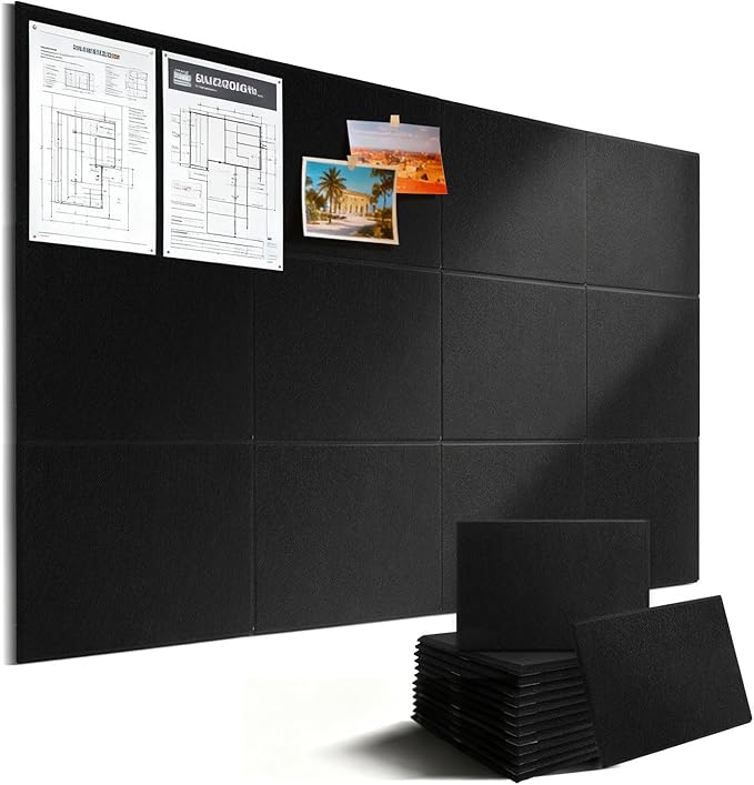 12 Pack Large Cork Boards for Walls, 48" x 24" Black Bulletin Board, Felt Wall Tiles with 72 Safe Removable Adhesive Tabs, Pinboard Cork Board for Office Home Decor