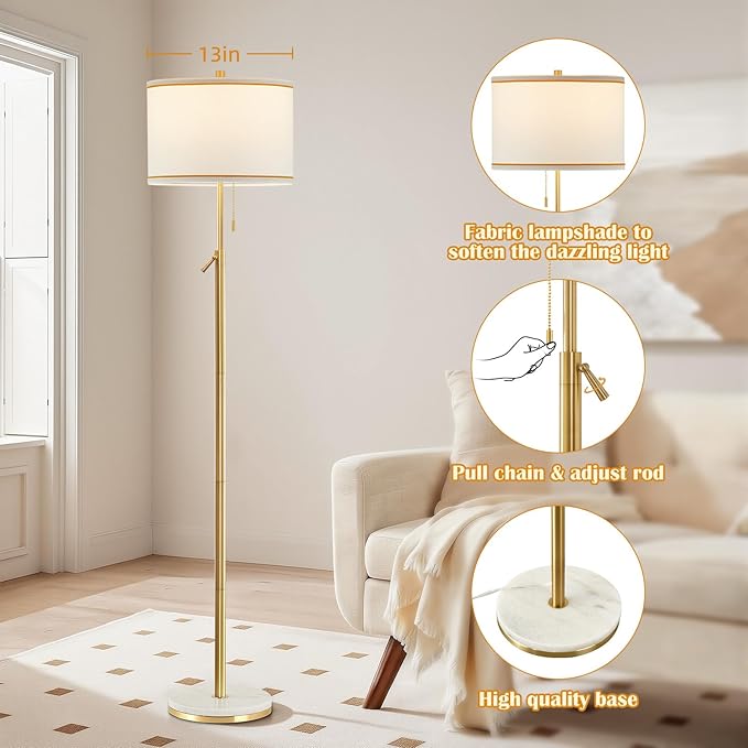 GyroVu Marble Floor Lamp for Living Room, Adjustable Height Standing Lamp with Marble Base Tall Lamp with White Shade Floor Lamps for Bedroom & Office Bulbs Not Included(Gold)