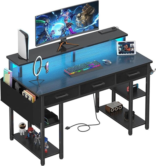 Lufeiya Gaming Desk with Led Lights and Power Outlets, 47 Inch Home Office Desk with Monitor Stand & Shelves, Writing Study Computer Desks with Fabric Drawers for Bedroom, Black