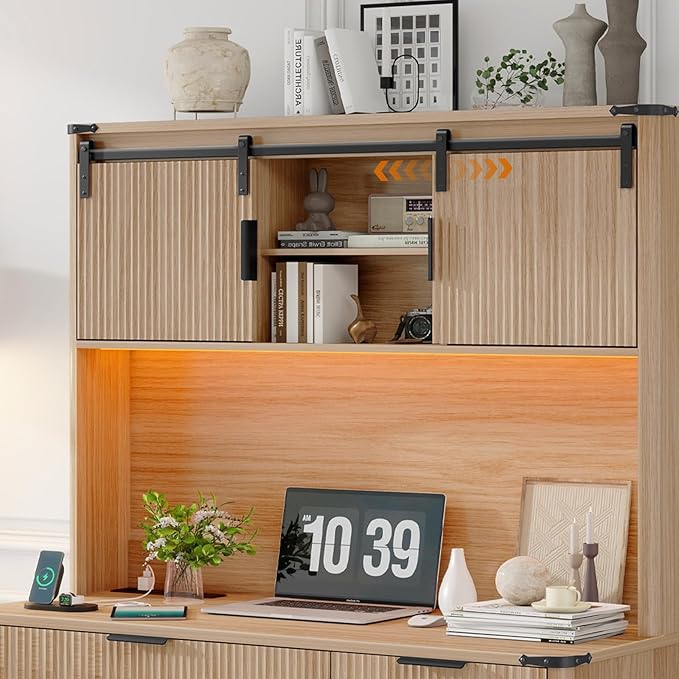 Vabches 67" H Executive Desk with Fluted Drawers,4 Drawers Fluted Computer Desk with LED Light,Charging Hub,Wood Workstation with Hutch and Sliding Barn Doors for Work and Study