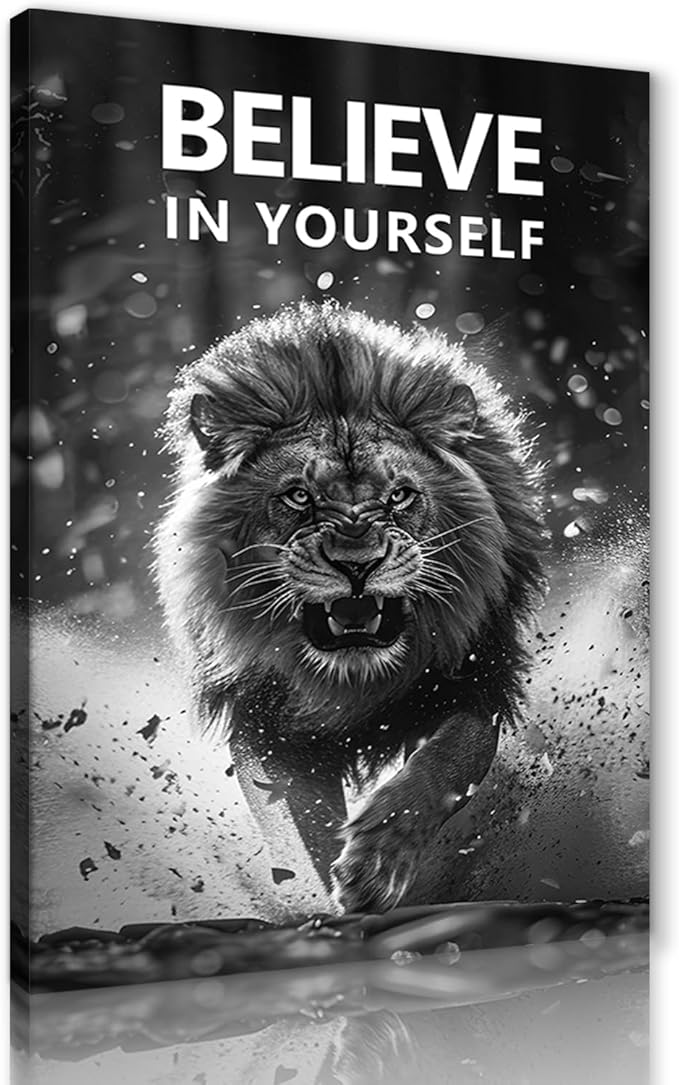 Yatsen Bridge Large Inspirational Canvas Wall Art Motivational Running Lion Poster Wall Decor BELIEVE IN YOURSELF Print Artwork for Office Study Living Room Bedroom Decoration Easy to Hand 28x44inch