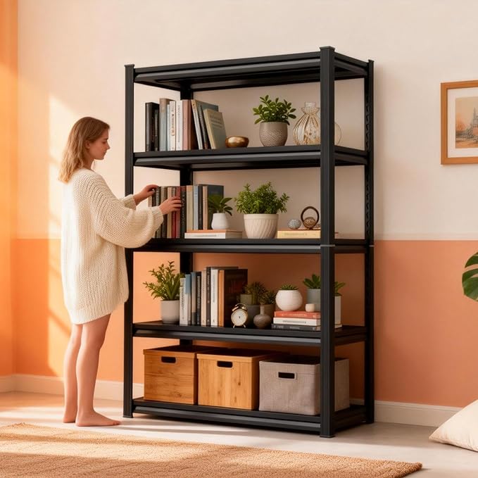 6-Tier Metal Bookshelf, Modern Black Book Shelf, 1800LBS Industrial Tall Display Bookcase, Adjustable Bolt-Free Storage Shelves for Living Room, Bedroom, Kitchen, 40" W x16 D x78 H