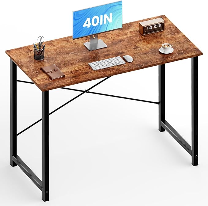OLIXIS 40 Inch Home Office Desk, Small Computer Gaming Work Table with X-Shaped Reinforcement, Metal Frame Simple Writing Study Table for Bedroom, Rust