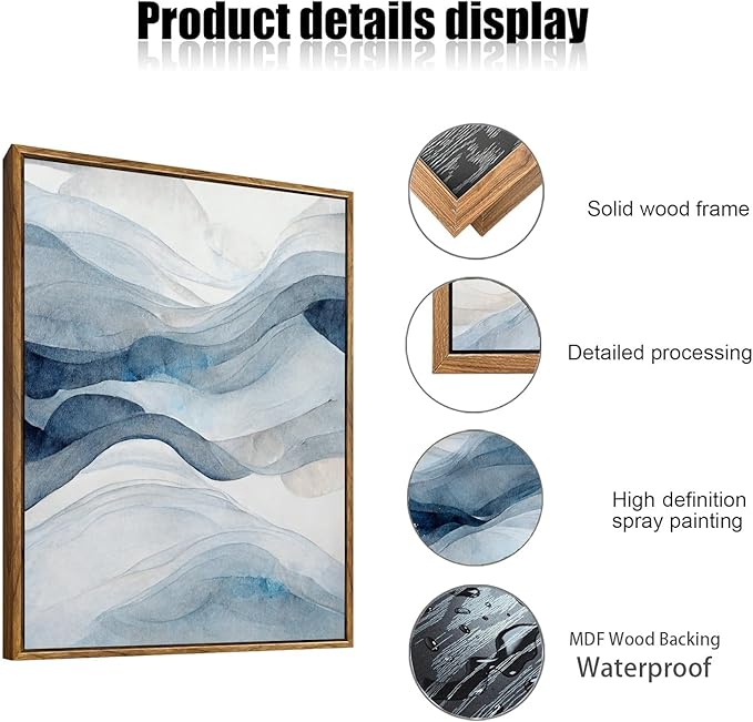 myusuar 3 Piece Large Abstract Framed Wall Art For Living Room, Smoke Texture Ink Navy Blue Canvas Wall Art Modern Minimalist Art Prints Wall Décor For Bedroom Office 24x36in