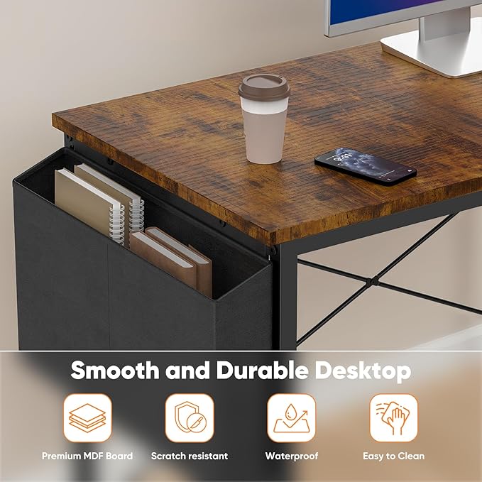 DUMOS L Shaped Desk Corner Computer Table 47 Inch, L-Shaped Gaming Desks with Storage Shelf Reversible, Wood Tables with Side Bag Adjustable Feet for 2 Monitors Small Space Home Office Bedroom, Brown
