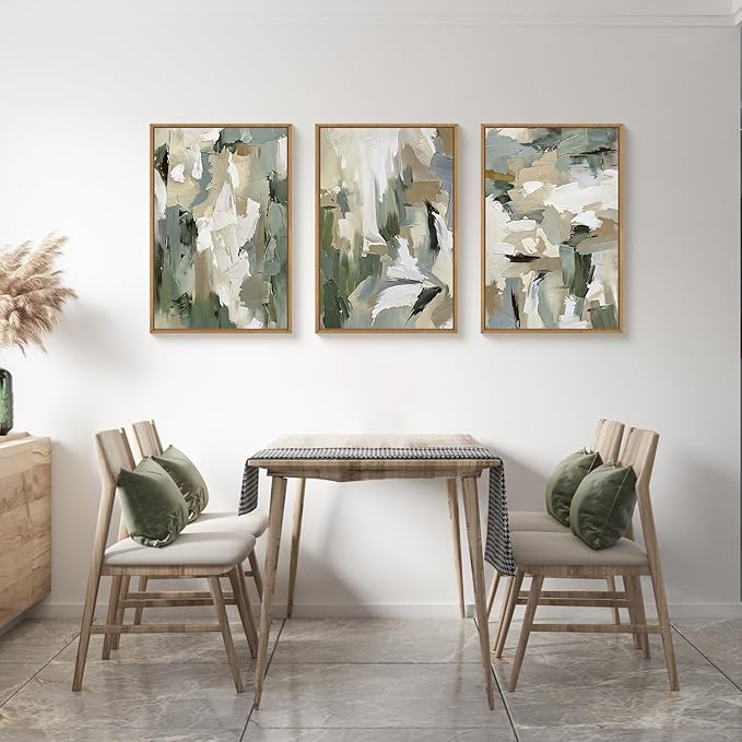 Large Abstract Green Beige Framed Canvas Wall Art Set,Neutral Brush Stroke Watercolor Wall Painting,Modern Minimalist Artwork for Living Room,Bedroom,Dining Room,Office -16"x24"x3