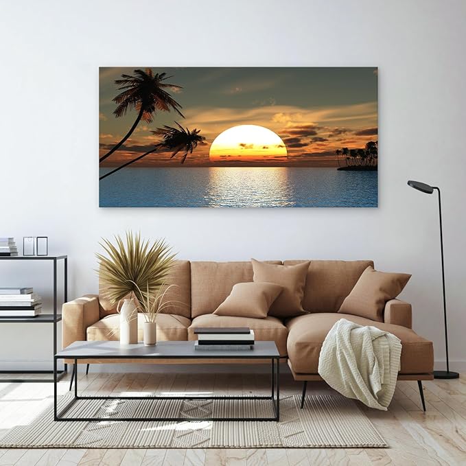 DZL Art S75698 Sunset Coconut Palm Trees Canvas Wall Art Palm Trees on the small island Tropical Scenery Nature Canvas prints Pictures for Living Room Home Office Wall Decor Artwork