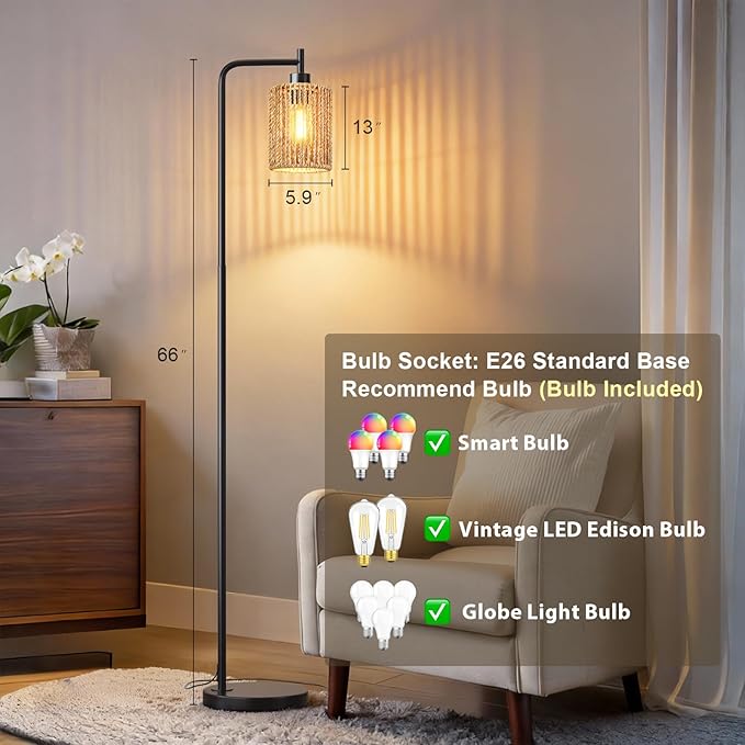 Oneach 66" Black Floor Lamp for Living Room, Boho Floor Lamp with Remote Control and LED Bulb, Rattan Shade, Industrial Tall Farmhouse Standing Lamp for Bedroom, Dining Room, Study Room, Office