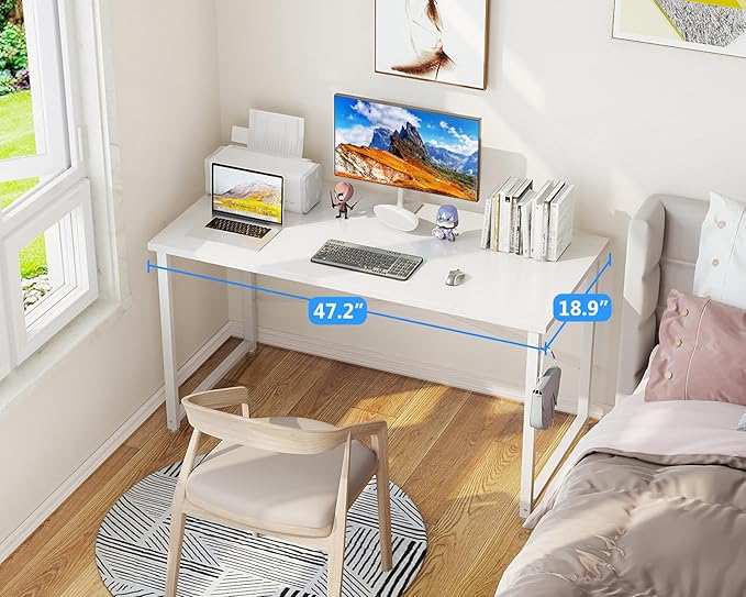 Casaottima 48 Inch Small Computer Desk for Home Office, Study Writing Table for Small Spaces, Simple Modern Desk with Headphone Hooks, White