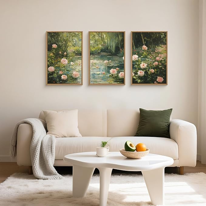 Aryroi Water Lilies Monet Framed Canvas Wall Art Set,Garden Pond Impressionist Floral Wall Decor,Vintage Oil Green Vibrant Flower Botanical Artwork for Living Room, Bedroom,Farmhouse- 16"x24"x3