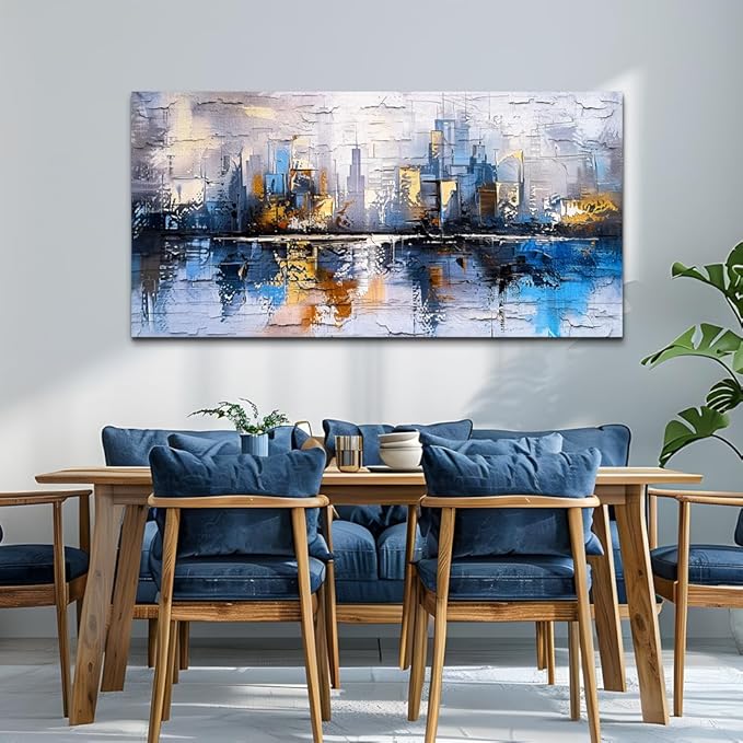 KELIYUAN Abstract City Oil Painting Large Home Decor Mural Living Room Bedroom Modern Printed Canvas Wall Art Yellow Blue Graffiti Mural Office Corridor Can Be Directly Hung Wall Decor 24 X 48 In