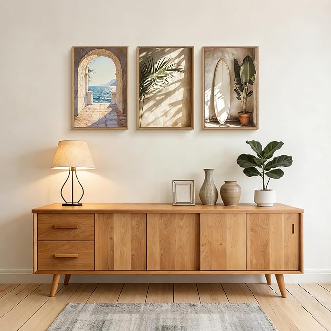 Ausril French Landscape Framed Canvas Wall Art Set, Ocean Coastal Style Wall Decor, Palm Tree Surfboard Wall Painting, Ocean Seascape Art Prints for Living Room, Bedroom, 24×36inches