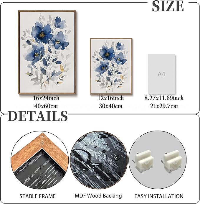 KISSFOX Framed Colorful Wildflower Blue Canvas Wall Art Set Of 3 Flowers Pictures Prints Flowers Printing Floral Watercolors Flower wall Decor Living Room Girls Bedroom Bathroom