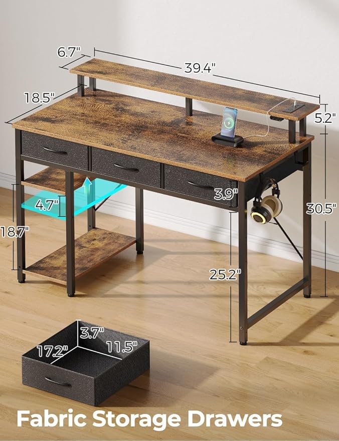Rolanstar Computer Desk with Power Outlets & LED Light, 39 inch Home Office Desk with 3 Drawers and Storage Shelves, Writing Desk with Monitor Stand, Work Desk for Home Office,Rustic Brown