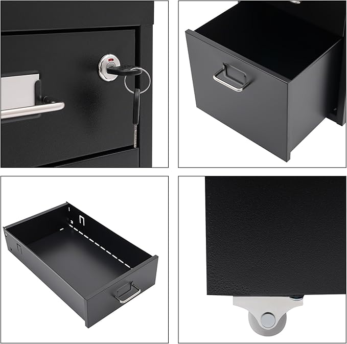 Vertical File Cabinets | 3 Drawer File Cabinet with Wheels| Steel Lockable Storage Cabinets | Metal S-torage Cabinet for Home Office | Storage A4/F4/Letter/Legal (Black-3 Drawers)