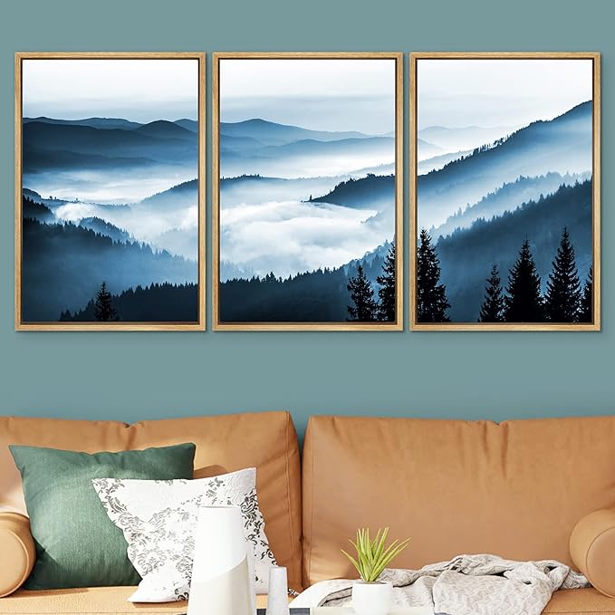 SIGNWIN Framed Canvas Print Wall Art Set Misty Blue Duotone Mountain Range Forest Nature Wilderness Photography Modern Decorative Colorful Rustic for Living Room, Bedroom, Office - 24"x36"x3 Natural