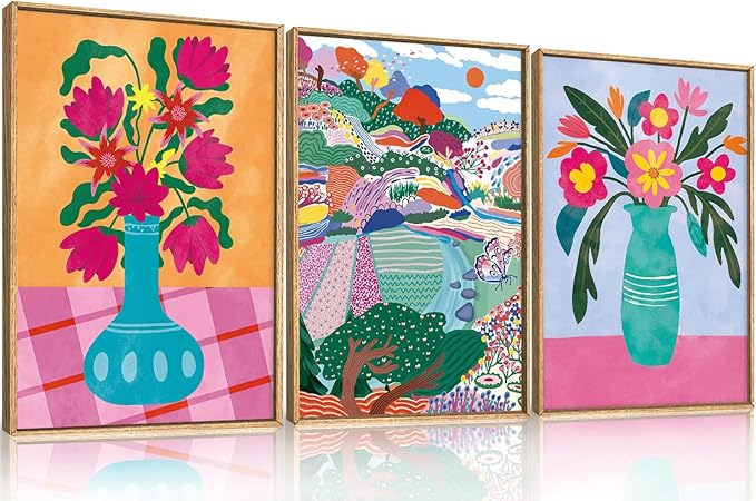 HOURIA Spring Colorful Flower Field Landscape Framed Canvas Wall Art Set,Abstract Pink Floral Vase Wall Decor,Natural Botanical Tree Artwork,Modern Sunrise Art Prints for Living Room,Farmhouse-16"x24"x3