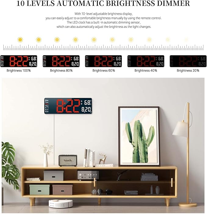 Digital Clock, Digital Wall Clock for Living Room Decor, Desk Alarm Clock for Bedroom, Large Wall Clock with Remote Control, Automatic Brightness Dimmer LED Clock with Date Temperature Week (Red-B)