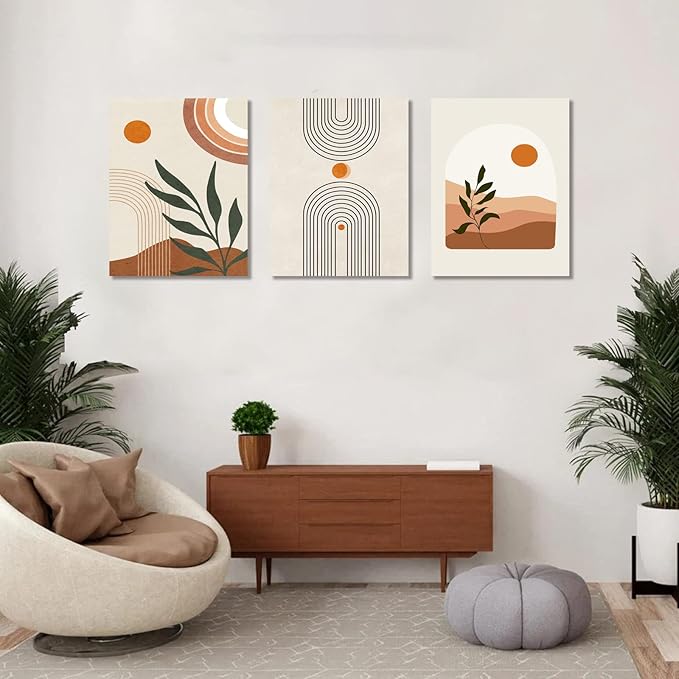 Boho Wall Art Set of 3, MidCentury Modern Wall Prints Framed Canvas Paintings Minimalist Abstract Geometric Beige Orange Moon Plant Desert Nature Illustrations Artwork, Boho Wall Decor Ready To Hang