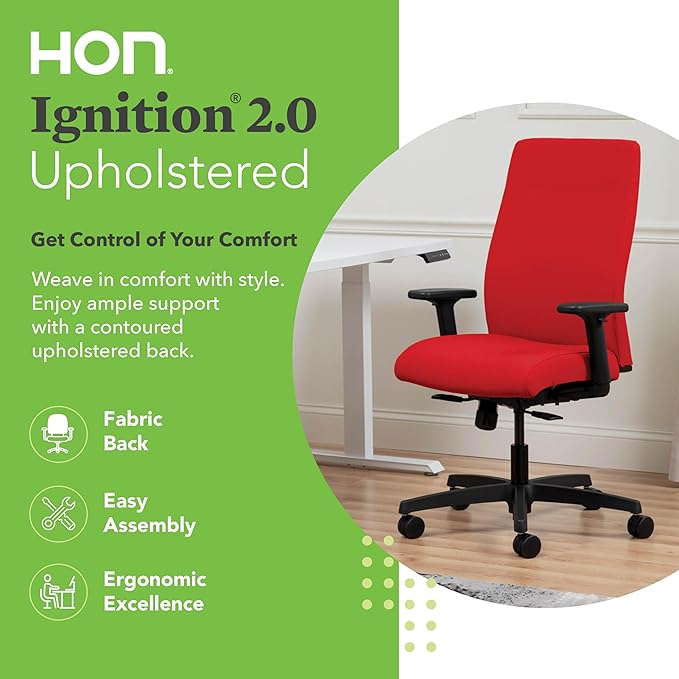 HON Ignition 2.0 Fabric Office Chair, Upholstered, Adjustable Arms, Standard Synchro-Tilt Recline Executive Ergonomic Office Chair, Black Frame, Ruby