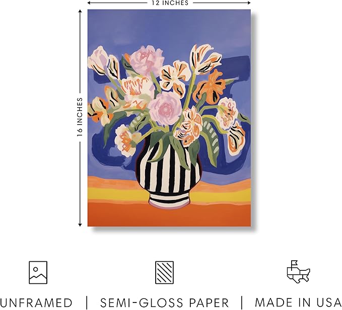 HAUS AND HUES Floral Art Wall Decor - Wildflowers Wall Art for Living Room, Floral Artwork for Bedroom Walls, Flower Painting for College Girls Dorm Room (Striped Vase, Unframed, 12x16)