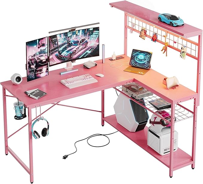 Bestier Gaming Desk 51" L-Shaped, with Power Outlets & LED Lights- 4 Tier Shelves, Reversible Gamer Table with Hooks & Cup Holder for Home Office Carbon Fiber Pink