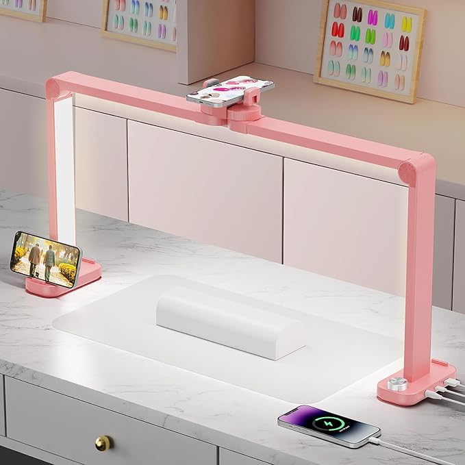 iVict Premium Large Nail Desks Light, 34" Foldable Lash Light for Eyelash with Phone Stand, 0-100% Adjustable Brightness, 3000K-6000K Color Temperature Led Desk lamp for Nail(Pink)