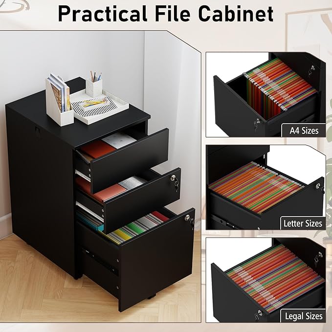 Giantex 3-Drawer File Cabinet with Lock, 27-Inches Storage Cabinet with 2 Side Hooks, Mobile Printer Stand, Wheels, 4 Keys, Vertical Filing Organizer fits Letter/A4 Size for Home Office (Black)