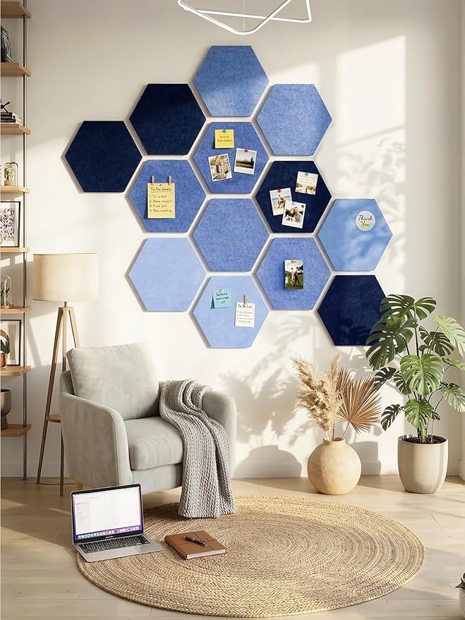 8 Pack Hexagon Felt Bulletin Board Tiles - 11.8" Large Thick Pin Board for Walls with 30 Push Pins, DIY Boards for Office Home School Decor, Aesthetic Hex Cork Board Alternative