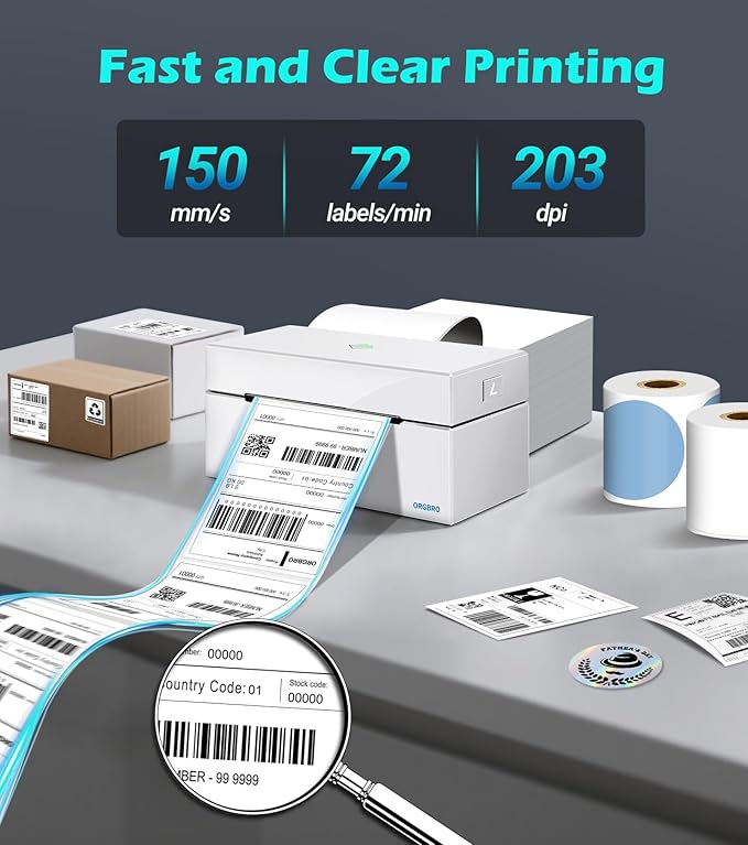 ORGBRO Bluetooth Thermal Shipping Label Printer, Z1-Plus Wireless 4X6 Shipping Label Printer for Small Business Office or Home Support iPhone Android Windows macOS Chrome Amazon Shopify USPS