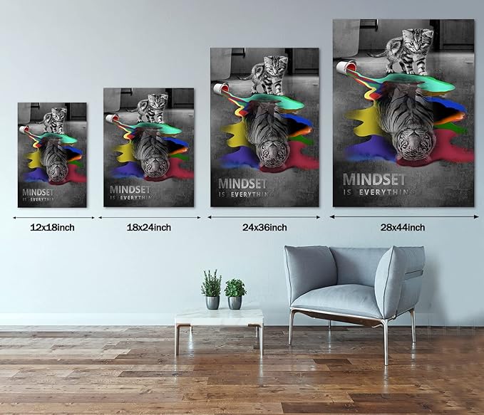Large Mindset Is Everything Inspirational Giclee Canvas Wall Art Cute Cat and Meek Tiger Colorful Pictures Paintings HD Print Home Office Decor for Bathroom Kitchen Framed Ready to Hang-18x24 inch