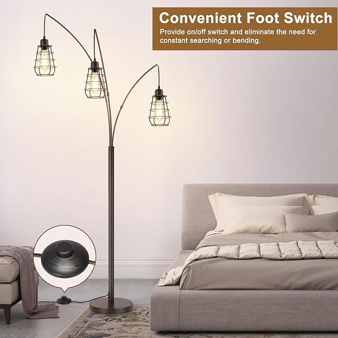 Boncoo Industrial Floor Lamp, 3 Light Arc Floor Lamps for Living Room, 76 Inch Tall Standing Lamp with Metal Cage Shades & Foot Switch, Vintage Floor Lamp for Bedroom, Office, Corner, Bronze