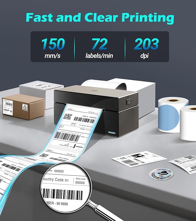 ORGBRO Bluetooth Thermal Shipping Label Printer, Z1-Plus Wireless 4X6 Shipping Label Printer for Small Business Office or Home Support iPhone Android Windows macOS Chrome Amazon Shopify USPS
