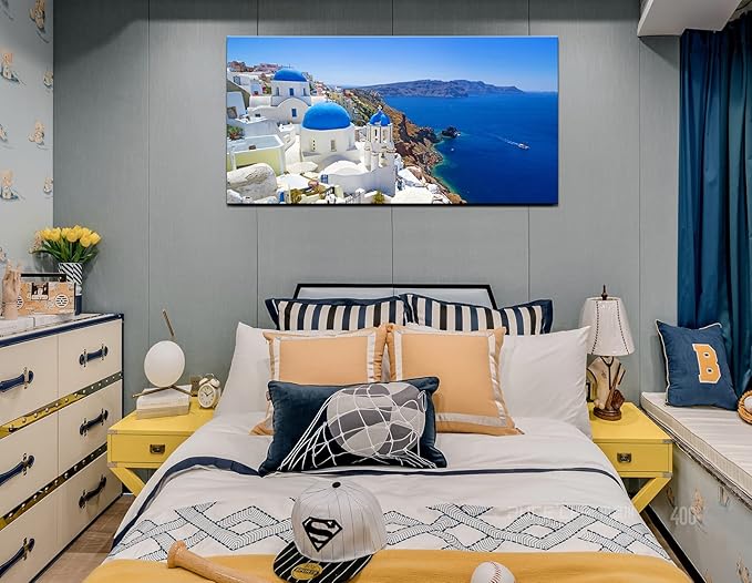 OKEXCKK Large Canvas Print Wall Art Santorini in Greece Painting Wall Decor, Blue Coastal Landscape Coastal Artwork Seascape Pictures for Living Room, Bedroom, Office Decoration - 29"x58"